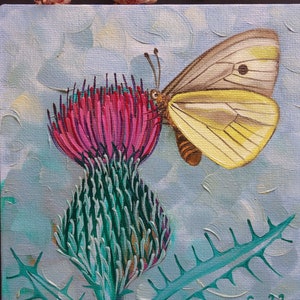 Pintura al óleo de cardo mariposa Pintura al óleo original pintada a mano Óleo sobre portafolio de pintura del artista Pintura Cartón Pintura Jardín de flores 15 x 15 cm N.º 31