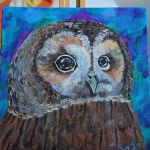 Uil olieverfschilderij origineel handgeschilderd olieverfschilderij kunst olieverf op kunstenaarsschilderij mappen schilderij karton schilderij nachtvogel vogel nacht roofvogel 15 x 15 cm Nr. 67