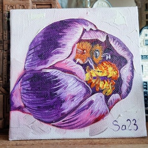 Pintura a óleo de abelha açafrão, pintura original pintada à mão, pintura de papelão, flor, inseto, jardim, primavera, amante de abelhas, arte de abelha, pintura de abelha nº 179