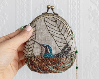 Small handmade hand embroidered purse small purse pouch handmade purse kiss clasp bird humming-bird unique