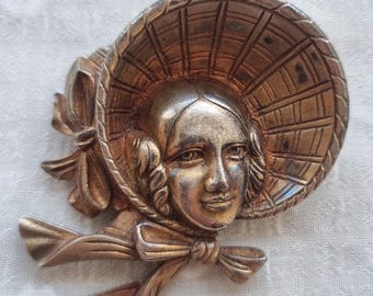 Art Nouveau French silver brooch lady with hat bow old vintage brooch accessories deco used portrait
