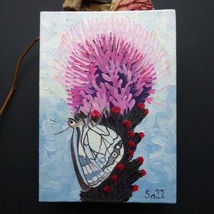 Pintura al óleo de mariposa, pintura al óleo original pintada a mano, óleo sobre carpetas de pintura del artista, pintura de cartón, pintura de jardín de flores, 13 x 18 cm, n.º 34