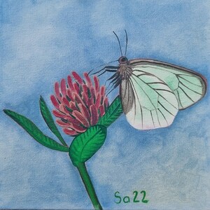 No. 128 15 x 15 cm Cuadro al óleo original pintado a mano Pintura al óleo Óleo sobre carpeta de pintura del artista Cartón para pintar Cuadro flor trébol mariposa jardín