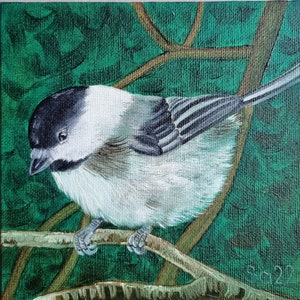Pintura a óleo de teta original pintada à mão pintura a óleo em papelão pintura de pássaro arte rural 15 x 15 cm amante de animais miniatura amante de pássaros nº 183