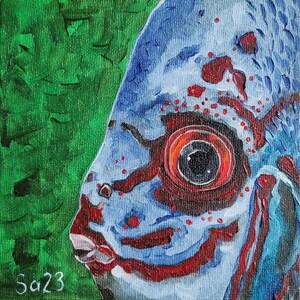 Pintura a óleo de peixe com olhos vermelhos pintura original pintada à mão pintura a óleo de arte animal pintura a óleo peixe pintura miniatura oceano mini no. 158