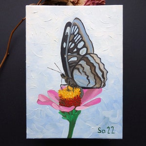 Pintura a óleo de borboleta zínia, pintura a óleo original pintada à mão, jardim de flores, miniatura, mini natureza, 13 x 18 cm, nº 32