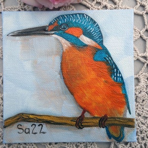 Pintura a óleo original de martim-pescador, pintura pintada à mão, pássaro, pintura de passarinho, arte, animal, miniatura, mini pássaro, pintura 10 x 10 cm, nº 94