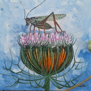 Pintura a óleo de gafanhoto original pintada à mão, planta, flor, inseto, jardim, miniatura, vida selvagem, arte, presente, azul, 15 x 15 cm, nº 138