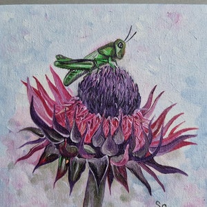 Pintura a óleo de gafanhoto, cardo, pintura original em miniatura pintada à mão, óleo sobre pintura de artista, portfólio de plantas, insetos, jardim mini 15 x 15 cm No. 148