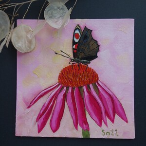 Pintura a óleo de Echinacia Purpurea Coneflower, pintura original pintada à mão, flor em miniatura, mini botânica, natureza, borboleta, jardim, 15 x 15 cm, nº 16