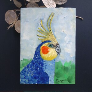 Pintura a óleo de papagaio original pintada à mão óleo sobre pastas de pintura de artista pintura de papelão linho pintura de papelão pássaro 13 x 18 cm No. 25