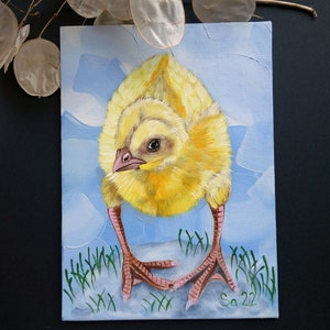 Küken Huhn Ölgemälde Original handgemalt Ölbild Öl auf Künstler Malmappen Malkarton Gemälde Vogel 13 x 18 cm Nr. 20