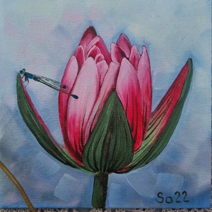 Pintura Lótus Nenúfar Libélula Pintura a óleo original pintada à mão Pintura a óleo Óleo sobre pastas de pintura Pintura em papelão Lagoa Água Inseto Natureza No. 121 15 x 15 cm
