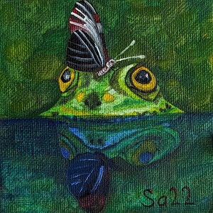 Pintura a óleo de borboleta sapo original pintada à mão óleo sobre portfólios de pinturas de artistas pintura lagoa água anfíbios 10 x 10 cm No. 98