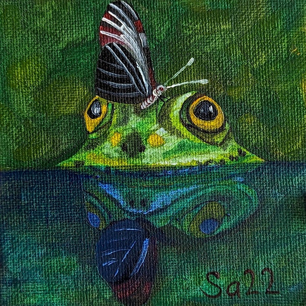 Butterfly falter oil painting, frog original hand-painted  oil on canvas cardboard, pond, garden amphibians miniature