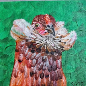 Galo Galinha Pintura a Óleo Original Pintada à Mão Pintura a Óleo Pintura em Papelão Pássaro Arte Rural Fazenda 15 x 15 cm Amante de Animais Miniatura No. 176