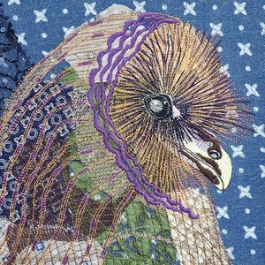 Patch bird of prey owl textile collage art recycled upcycling fabric upcycled fabric scraps large machine embroidery artwork sewingart night