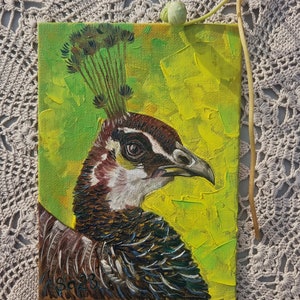 Pintura a óleo de pavão original pintada à mão arte animal miniatura mini pintura de arte pássaro pintura de pássaro 13 x 18 cm No. 133