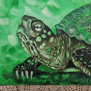 Pintura a óleo de tartaruga original pintada à mão pintura animal vida selvagem réptil natureza vida selvagem 20 x 20 cm verde No. 139