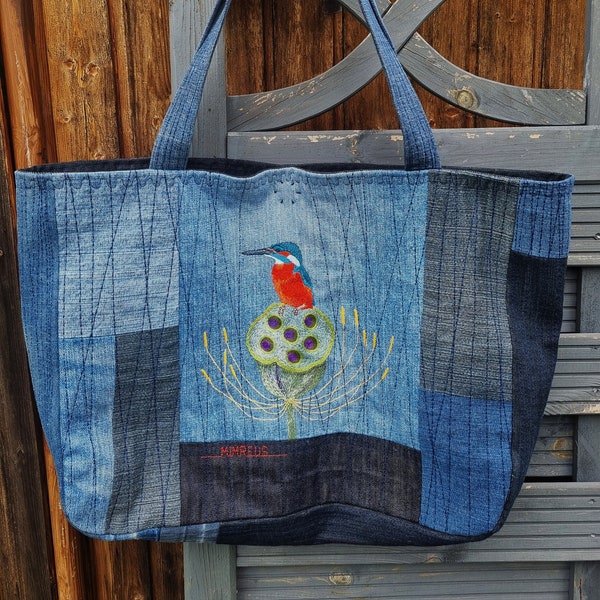 Large jeans bag upcycling bag everyday bag handmade handbag shopper hand embroidery embroidery bird kingfisher lotus unique