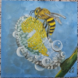 Pintura a óleo de abelha, mel, abelha, salgueiro, orvalho, pintura original pintada à mão, inseto, jardim, salgueiro, miniatura, natureza 15 x 15 cm, nº 119