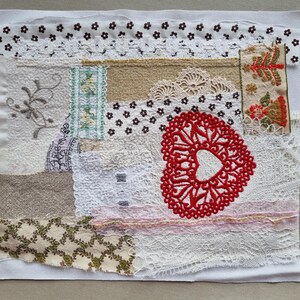 Patch heart textile art collage recycled lace upcycling fabric art upcycled fabric scraps large embroidered machine embroidery artwork
