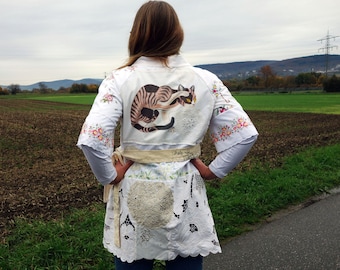Upcycled kimono hand embroidered from recycled materials with hand painted cat cat lover house cat kitten tomcat dress painting