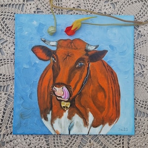 Pintura a óleo de vaca original pintada à mão pintura de vaca touro animal vida selvagem fazenda casa de campo animal tela imagem natureza 20 x 20 cm n.º 117
