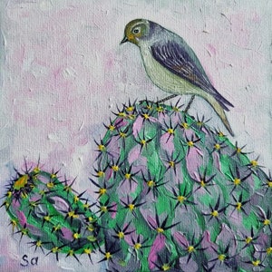 Pintura a óleo de pássaro Pintura Cacto Original Pintura a óleo pintada à mão Pintura a óleo de pássaro Arte em miniatura Mini Pêra espinhosa Deserto No. 165