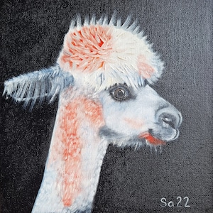 Pintura a óleo de lama original pintada à mão pintura pintura amante de lhama pintura de animais papelão pintura de animais fundo preto arte 20 x 20 cm No. 155