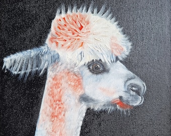 Peinture à l'huile de lama peinture originale peinte à la main peinture amoureux de lama boîte de peinture animale peinture animale fond noir Art 20 x 20 cm n° 155