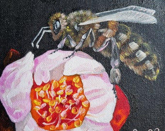 Bee oil painting, original hand-painted honey bee, oil painting oil on canvas cardboard flower, insect garden miniature black background