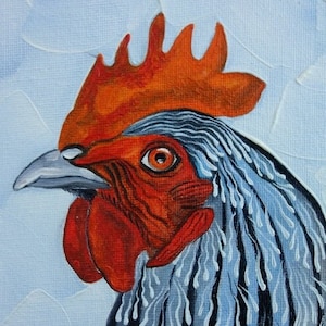 Pintura a óleo de galo original pintada à mão, óleo sobre papelão, pintura em miniatura, fazenda, vida no campo, estilo de casa de campo, arte de pássaros, 15 x 15 cm, nº 100