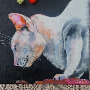 Gato pintura a óleo original pintada à mão pintura gatinho animal vida selvagem fundo preto arte animal amante de gatos gato 20 x 20 No. 115
