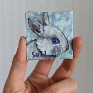 Conejo liebre pintura al óleo miniatura pintura al óleo original pintada a mano óleo sobre portafolio de pintura del artista pintura animal naturaleza mini 5 x 5 cm No. 48