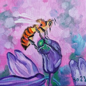 Abelha jacinto pintura a óleo original pintado à mão pintura de papelão flor inseto primavera abelha amante abelha arte pintura de abelha no.