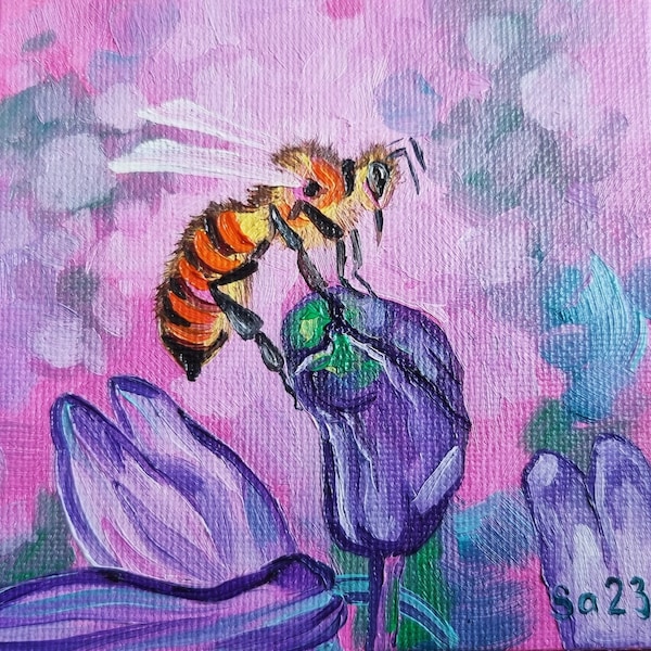 Biene Hyazinthe Ölgemälde Original handgemalt Malkarton Gemälde Blume Insekt Frühling Bienenliebhaber Bienenkunst Bienenmalerei Nr. 180