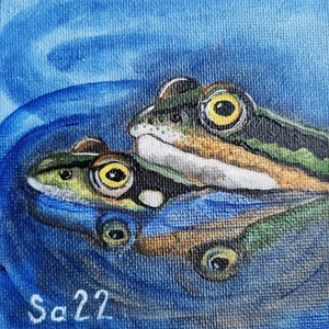 Rãs Pintura a Óleo Lagoa Água Anfíbios Casal Amor Amizade Natureza Miniatura Mini Original Pintura a Óleo Pintada à Mão Portfólio de Pintura Pintura No. 168