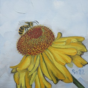 Abelha sol noiva pintura a óleo original pintado à mão flor chapéu de sol miniatura mini natureza mel abelha inseto jardim 15x15 cm no.