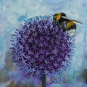 Pintura al óleo de abejorro Allium pintura original pintada a mano flor ornamental cebolla insecto jardín miniatura mini naturaleza 10 x 10 cm No. 85