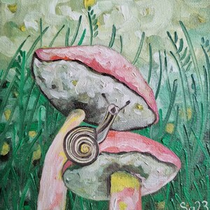 Cogumelos Caracol Pintura a Óleo Original Pintado à Mão Arte em Miniatura Planta Inseto Mini Botânica Decoração Cogumelo 15 x 15 cm No. 172