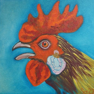 Pintura a óleo de galo original pintada à mão óleo sobre pastas de pintura de artista pintura de papelão pintura de pássaro 15 x 15 cm No. 21