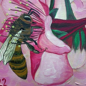 Pintura a óleo de abelha, pintura original, pintura a óleo pintada à mão, óleo sobre tela, pintura em papelão, pintura de jardim de flores, 13 x 18 cm, nº 33