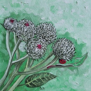 Pintura a óleo de cardo joaninha pintura original pintada à mão miniatura arte besouro planta inseto jardim mini botânica decoração 15 x 15 cm No. 157
