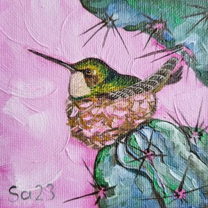 Beija-flor pintura a óleo ninho cacto original pintado à mão pintura a óleo pássaro pequeno pássaro pintura pintura a óleo arte miniatura mini 10 x 10 cm No. 162