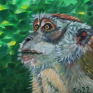 Pintura a óleo de macaco, pintura a óleo original pintada à mão, óleo sobre pasta de pintura do artista, pintura de papelão, pintura de animais selvagens, 15 x 15 cm, nº 62