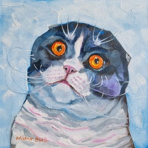 Pintura a óleo de gato original pintada à mão pintura de animal de estimação olhos grandes miniatura mini pintura de animal pintura de gato arte pintura de gato papelão nº 151