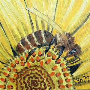 Abelha girassol pintura a óleo original pintado à mão flor inseto jardim miniatura mini mel abelha 10x10 cm n° 82