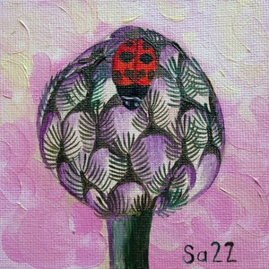 Joaninha Cardo Original Pintura a Óleo Pintada à Mão Flor Botão Inseto Jardim Natureza Botânica Pintura No. 30 10 x 10 cm