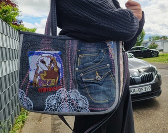 XL jeans sac shopper upcycling sac tous les jours sac à main sac à main sac fourre-tout machine broderie hibou oiseau n° 17